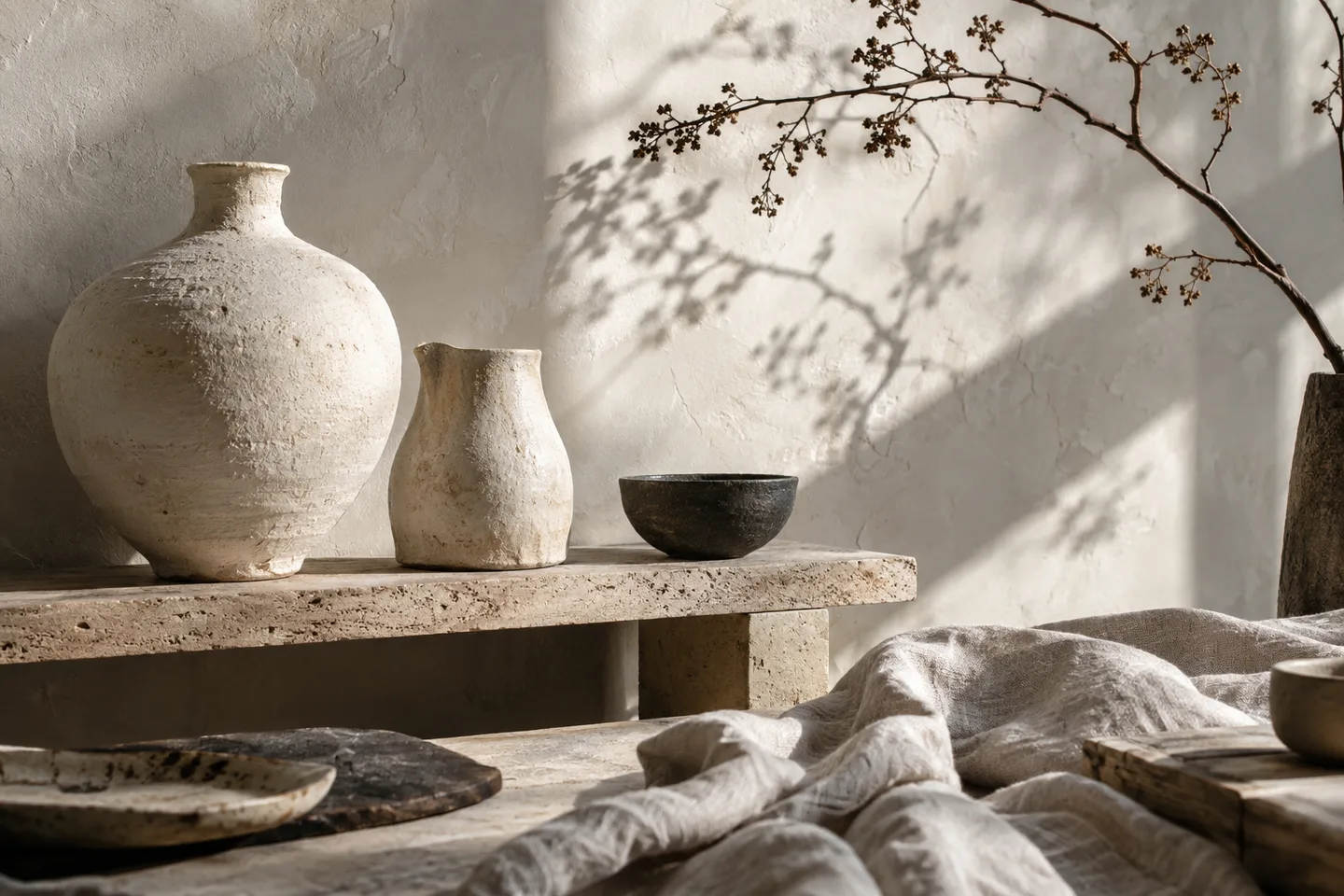Ceramic vessels and natural linen in a sunlit studio