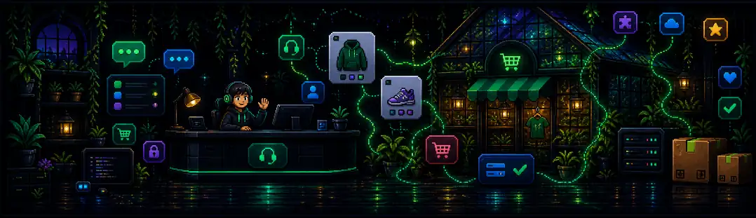 A pixel-art greenhouse storefront connected by glowing green vines to a support desk, products, payments, apps, and deliveries.